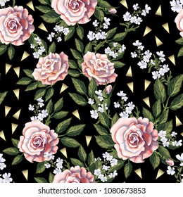 Seamless pattern with pink roses, leaves and white flowers. Vector illustration.