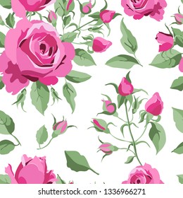 Seamless pattern with pink roses, leaves, branches, blossom, bud isolated on white background. Vector botanical illustration for floral design, wallpaper, covers