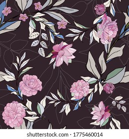 Seamless pattern with pink roses and leaves on bordo background. Tropical flowers, lily. Vector illustration with plants. Gentle pastel colors. EPS 10