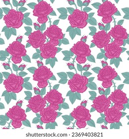 Patrón sin foco con rosas y hojas rosas. Flores de rosa de fondo blanco. Ilustración vectorial dibujada a mano.
