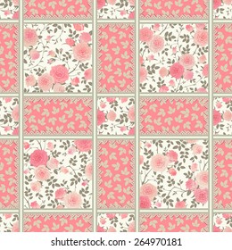 Seamless pattern with pink roses, leaves and laces. Vector floral checkered backgrounds set. Patchwork texture.