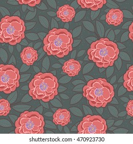 Seamless pattern with pink roses and leaves on green background 