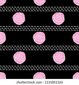 Seamless pattern with pink roses on the black background. Vector illustration