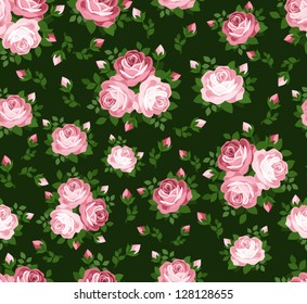 Seamless pattern with pink roses on green. Vector illustration.