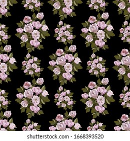 Seamless pattern with pink roses on the black background.