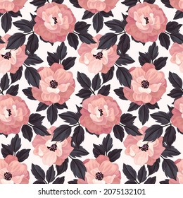 Seamless pattern with pink roses on a white background. Floral pattern with large pink flowers and dark leaves. Vintage floral background. Imitation of watercolors. Vector.