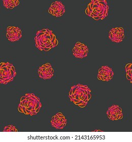 Seamless pattern pink roses on black background. Pretty girls floral romantic dark print. Outline big, small flowers wall paper. Romantic peony repetitive femininity ornament, vector design eps 10
