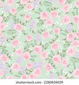 Seamless Pattern with Pink Roses on Green Background