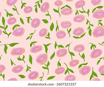 Seamless pattern of pink roses on soft color background, for fabric, clothes, wallpaper, wrapping paper, and fashion.