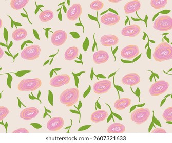 Seamless pattern of pink roses on soft color background, for fabric, clothes, wallpaper, wrapping paper, and fashion.