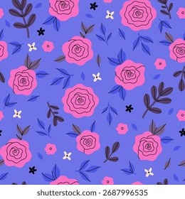Padrão contínuo com rosas cor-de-rosa sobre um fundo azul. Gráficos vetoriais.