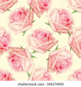 Seamless pattern with pink roses on yellow background. Vector illustration. Halftone effect.