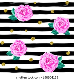 Seamless pattern. Pink roses on the striped black and white background with golden grain dots. Bright floral texture. Perfect for textile, wrapping paper and scrapbooking. Vector illustration.