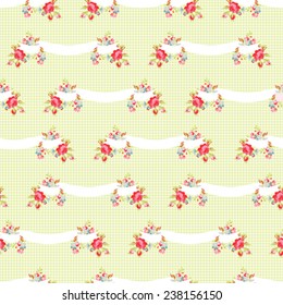 Seamless Pattern with pink roses and ribbons 
