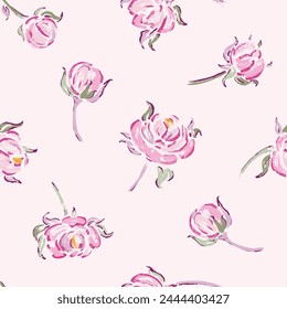 Seamless Pattern of Pink Roses. Rose Flower. Flowers and Leaves. Vintage Floral Background. Vector illustration.