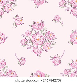 Seamless Pattern of Pink Roses. Rose Flower. Vintage Floral Background. Hand drawing. Not AI. Vector illustration.