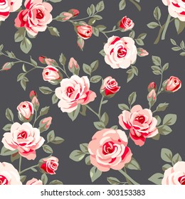 Seamless pattern with pink roses. Vintage floral background 