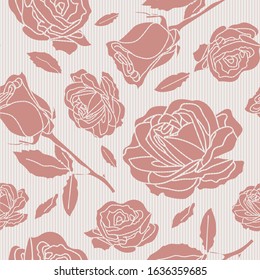 seamless pattern of pink roses,leaves and strips in light background. Romantic and vintage style for valentines product, 