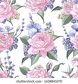 Seamless pattern with pink roses.Realistic flowers with leaves on white background. Abstract pattern illustration in floral style. Idea for material, scarf, fabric, textile, wallpaper, wrapping paper