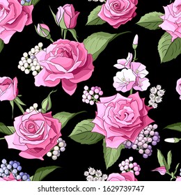 Seamless pattern with pink roses.Realistic flowers with leaves on black background. Abstract pattern illustration in floral style. Idea for material, scarf, fabric, textile, wallpaper, wrapping paper
