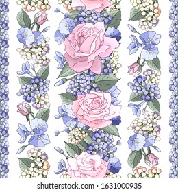 Seamless pattern with pink roses.Realistic flowers with leaves on white background. Abstract pattern illustration in floral style. Idea for material, scarf, fabric, textile, wallpaper, wrapping paper
