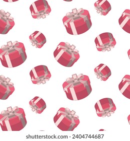 Seamless pattern of pink round gift box with bow. A gift for a party, celebration, special event such as birthday, Christmas, Valentine's day. Modern vector illustration in isometric style. on white