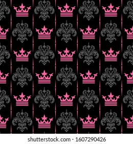 Seamless pattern with pink royal crowns on black background. Vector graphics.