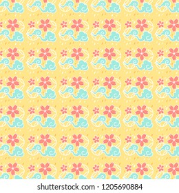 seamless pattern. pink sakura , blue cloud and rain on yellow background