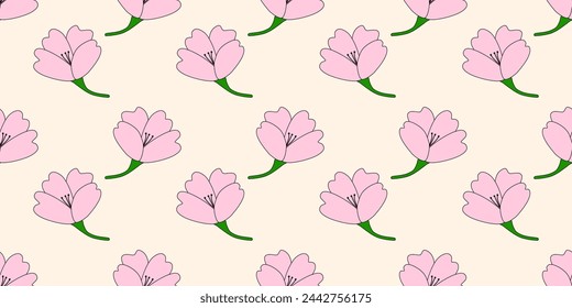 Seamless pattern with pink sakura or cherry blossom flowers on beige, doodle style vector