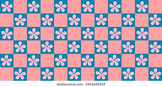 Seamless pattern with pink sakura or cherry blossom flowers on checked pink and blue background