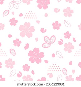Seamless pattern with  pink Sakura flower, falling petals and dots on white background vector illustration. Cute floral print.