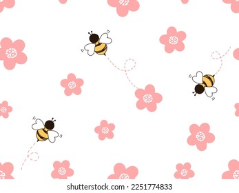 Seamless pattern with pink Sakura flower cherry blossom and bee cartoons on white background vector illustration.