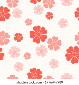 Patrón sin foco de flores rosadas de Sakura en el fondo de adornos asiáticos. Resumen de antecedentes chinos. Impresión tradicional asiática. Elegante diseño floral primaveral naif. Cerezo de flores