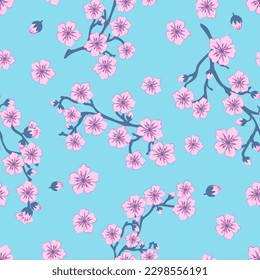 Seamless pattern of pink sakura flowers. Vector image of a branch of a flowering tree on a blue background.