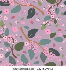 Seamless pattern with pink sakura, flowers, leaves. Vector illustration.