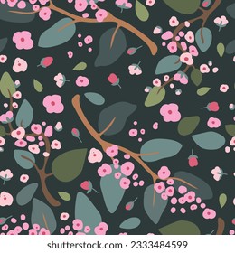 Seamless pattern with pink sakura, flowers, leaves on black background. Vector illustration.