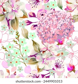 Seamless pattern of pink sakura flowers. hand drawing. Not AI, Vector illustration.