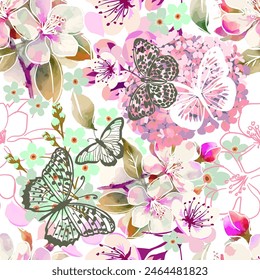 Seamless pattern of pink sakura flowers with butterflies. hand drawing. Not AI, Vector illustration.