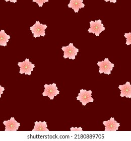 Seamless pattern of pink "sakura" (Japanese cherry blossoms) on dark red background for textile, wallpaper, or wrapping paper