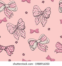 Seamless pattern with pink and sand bows and knots on pale pink