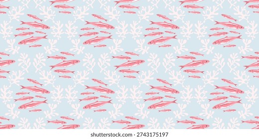 Seamless pattern with pink sardines fish and lattice design coral reef. School of swimming fishes on pastel blue color background. Marine style underwater repeating wallpaper or textile