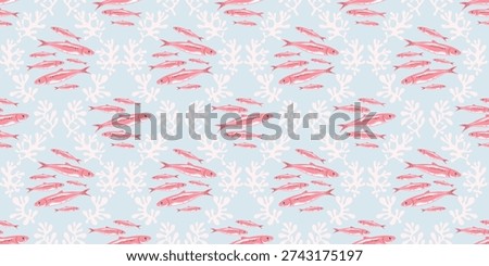 Seamless pattern with pink sardines fish and lattice design coral reef. School of swimming fishes on pastel blue color background. Marine style underwater repeating wallpaper or textile