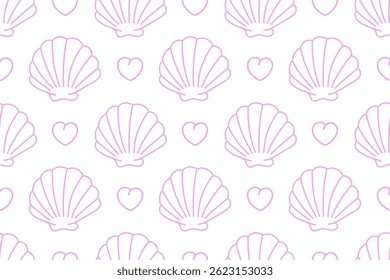 Seamless pattern with pink scallop shells and hearts on a transparent background. Ideal for romantic or beach-themed designs, wrapping, and summer decor.

