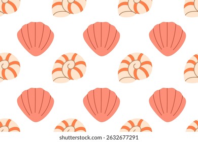 Seamless pattern with pink scallop shells and spiral nautilus shells on a white background, perfect for feminine beach designs