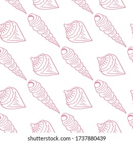Patrón sin foco con conchas de mar rosas sobre fondo blanco. Imagen vectorial. 
