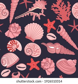 Seamless pattern with pink sea shells on a dark background. Vector graphics.