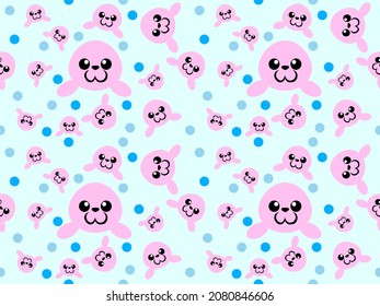Seamless pattern of pink seal cartoon characters on blue background.