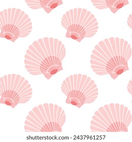 Seamless pattern with pink seashell isolated on white background. 