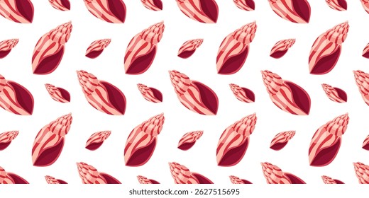 Seamless pattern with pink seashells on white background. Elegant marine design perfect for packaging, summer textiles, backgrounds, and beach-themed branding.
