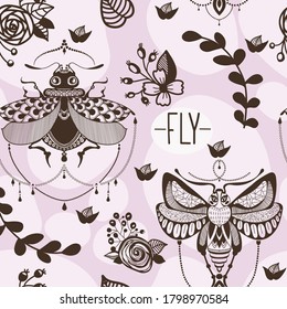 Seamless pattern in pink shades with insects and plants drawn by hand. Vector illustration of botany and moth in ethnic doodle style.